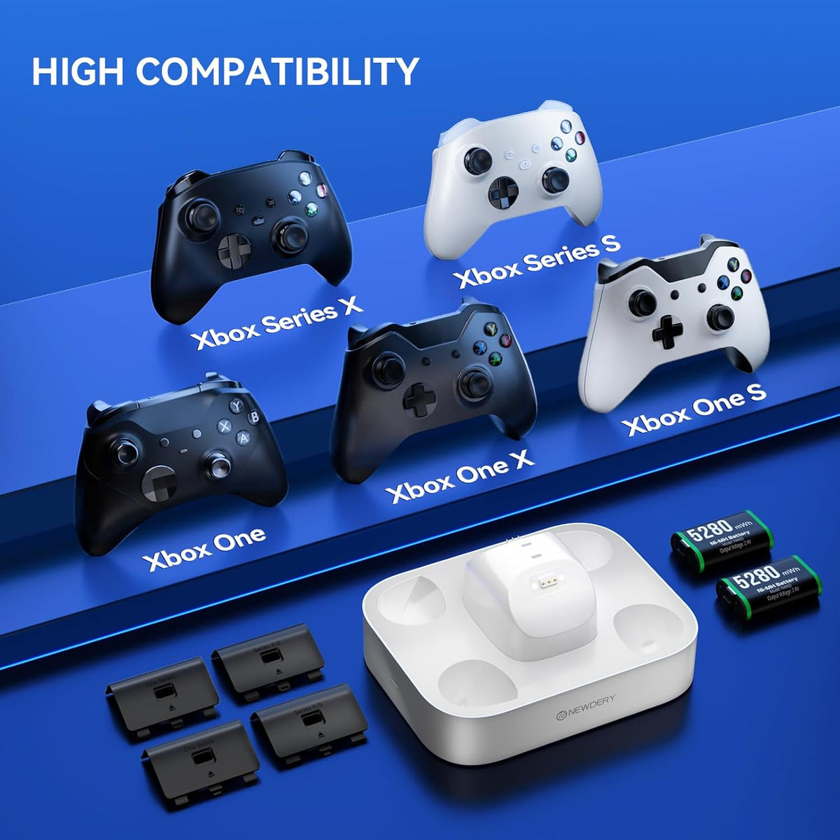 NEWDERY Controller Charger Station for Xbox, 2x5280mWh Rechargeable Battery Packs for Xbox One/Series X|S Controller, Dual Charging Dock for Xbox Controller with 4 Battery Covers-White