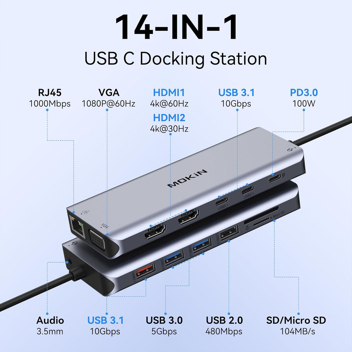 USB C Laptop Docking Station Dual Monitor, 14 in 1 Docking Station 3 Monitors Multiport Adapter with 2 HDMI 4K, VGA, RJ45 Ethernet, 10 Gbps USB C/A, 100W PD, SD/TF, 3.5MM Audio&Mic for Dell HP Lenovo