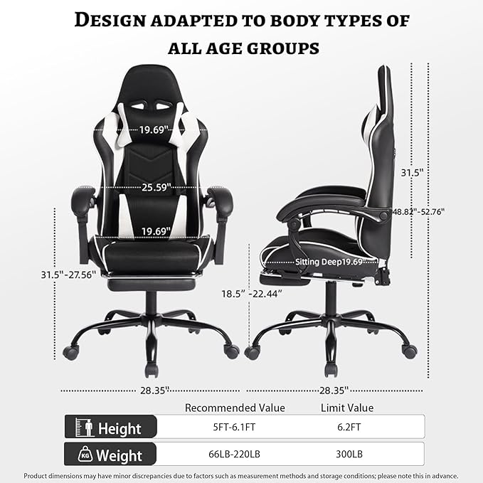 Modern High Back Gaming Chair PU Leather Computer Chair with Wheels Footrest Massage Lumbar Support Height Adjustable Swivel Game Chairs for Work or Home Office (Black White)