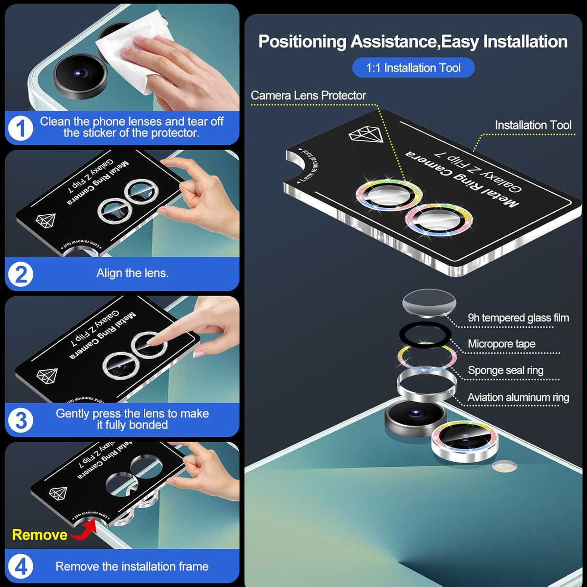 for Samsung Galaxy Z Flip 7 Camera Lens Protector, Individual Metal Ring Tempered Glass Lens Cover, [Strong Adsorption] Scratch Resistant Ultra-Thin HD Clear Lens Cover, 1 Set-Colorful Sparkly