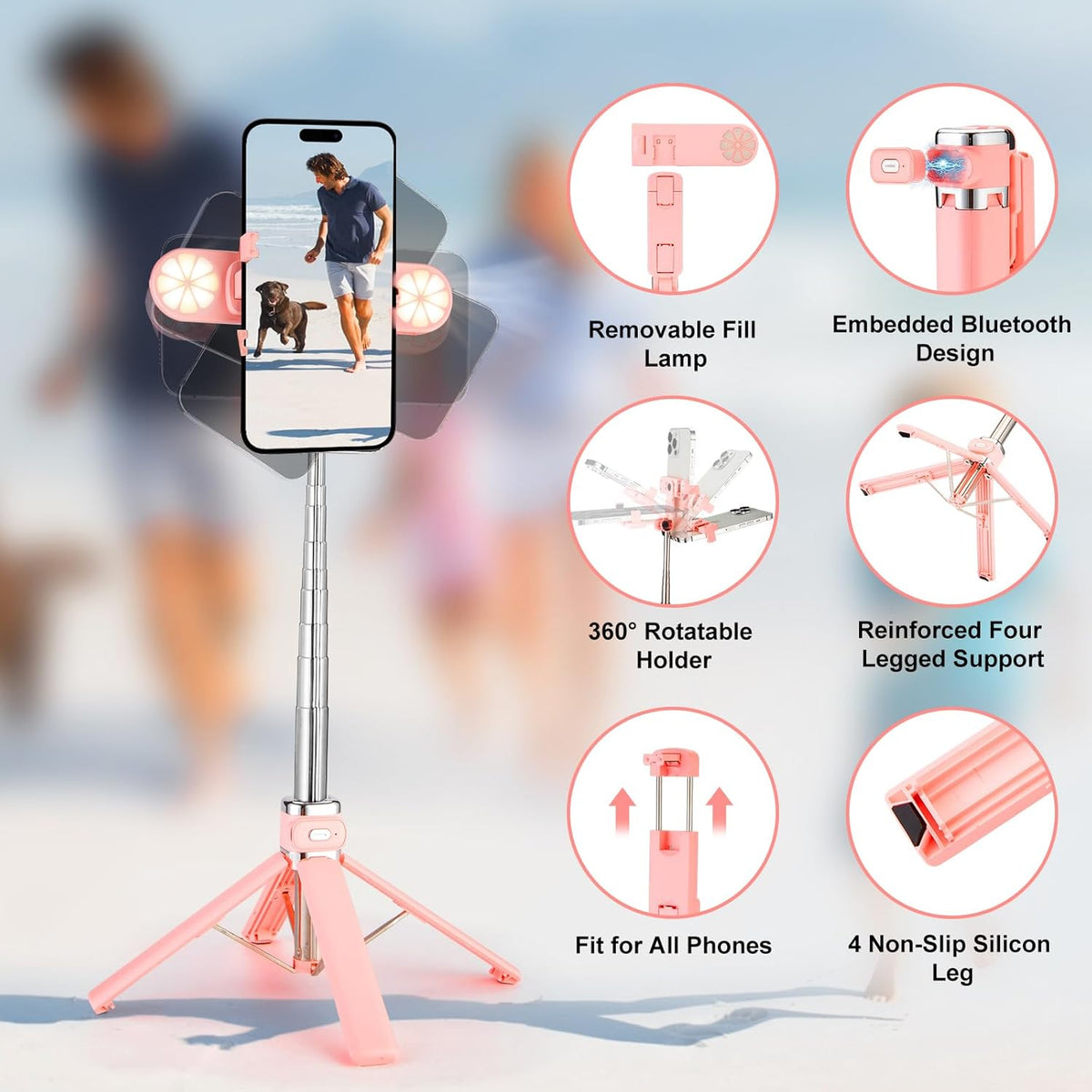 Mini Phone Tripod Stand,MQOUNY 38" Phone Tripod &Selfie Stick with Wireless Rechargeable Remote & Removable Light, Extendable Tripod Stand 360 Rotation Compatible with Phone&Android (MEI-Pink)