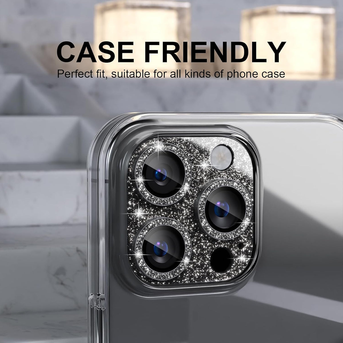 Choiche Compatible for iPhone 16 Pro/iPhone 16 Pro Max Camera Lens Protector, Bling Camera Cover with 9H Tempered Glass Lens Screen Protector Metal Ring Decoration Accessories (Glitter-Black)