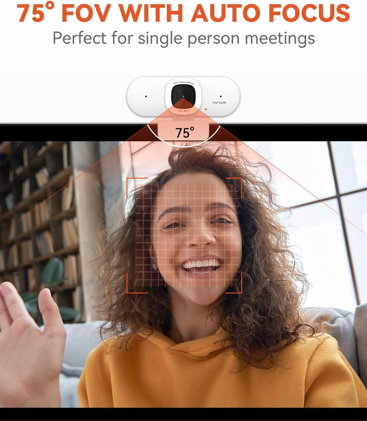NUROUM V15AF 2K Webcam for PC, 1080p 60FPS AutoFocus Web Camera with Microphone, Privacy Cover and Mute, 75°FOV Dual Microphone USB FHD Computer Camera, Plug and Play for Zoom/Skype/Teams, White