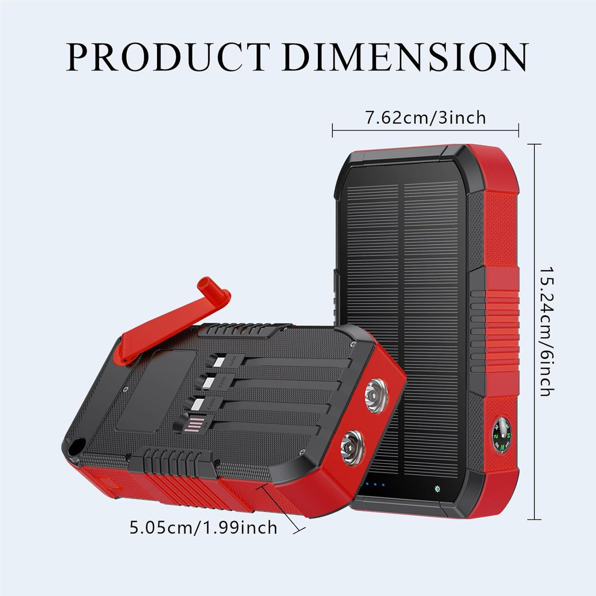 Solar Power Bank 66800mAh Built in Hand Crank and 4 Cables 22.5W Fast Charge,Camping Essentials/SOS/Strobe/Strong Flashlights,Compass Solar Portable Charger Power Bank (Red)