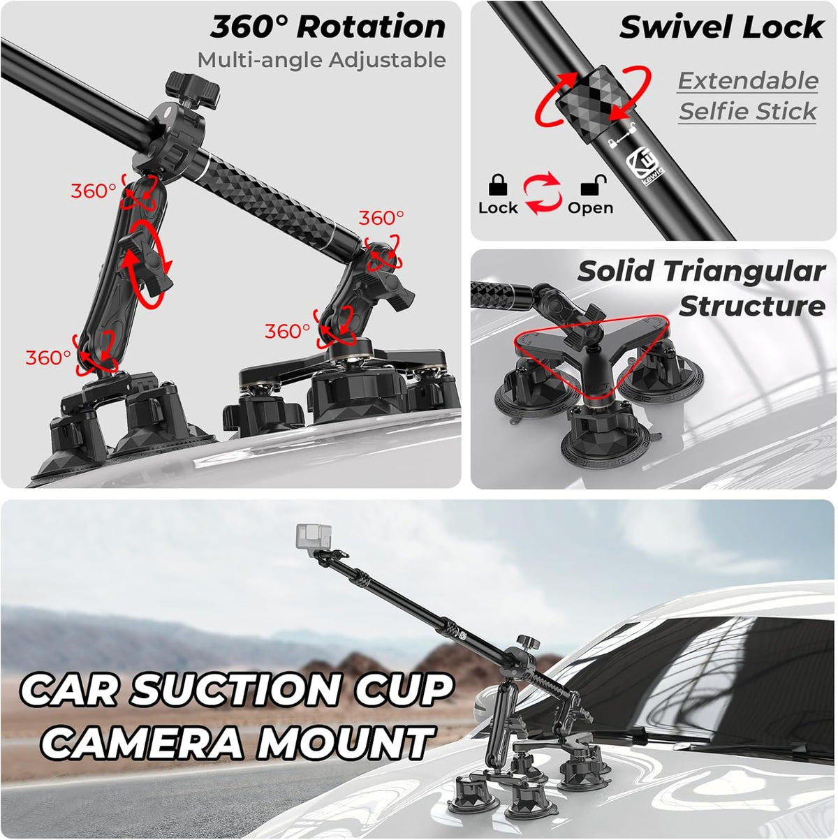 Suction Cup Car Mount - Aluminum Alloy Extendable Selfie Stick, Five 3.5" Large Suction Cup Car Windshield Camera Mount with Tripod Adapter Compatible with GoPro Insta360 DJI Action Cameras