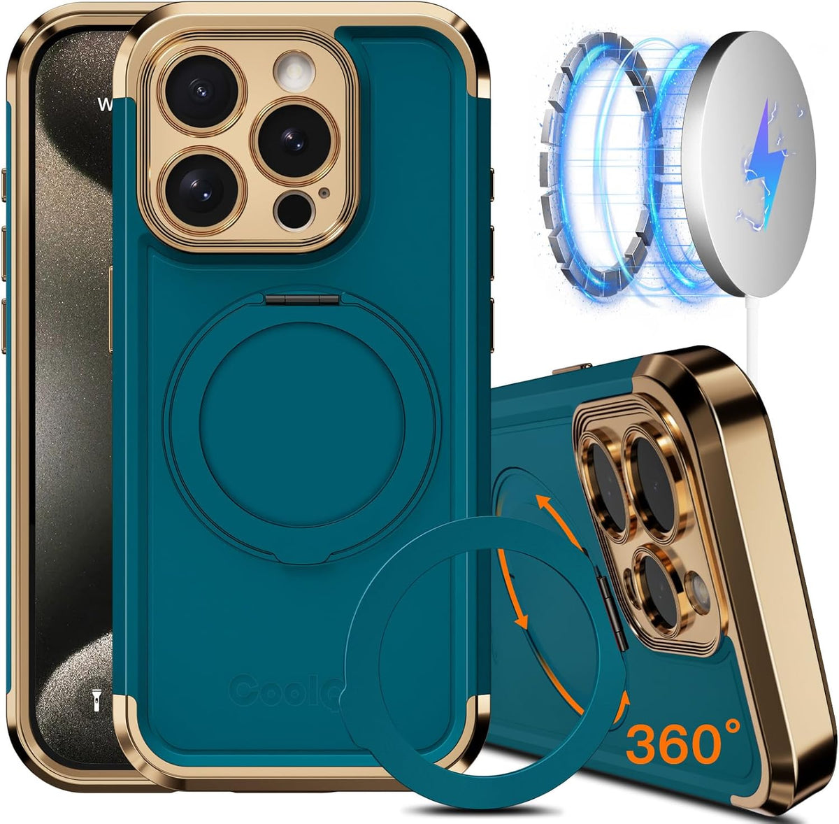 COOLQO for iPhone 14 Pro Case 6.1'' Upgraded 360° Spin Magnetic Stand [Compatible with Magsafe][Military Protection] Shockproof Protective Phone Holder Cover for iPhone 14 Pro, Green Gold