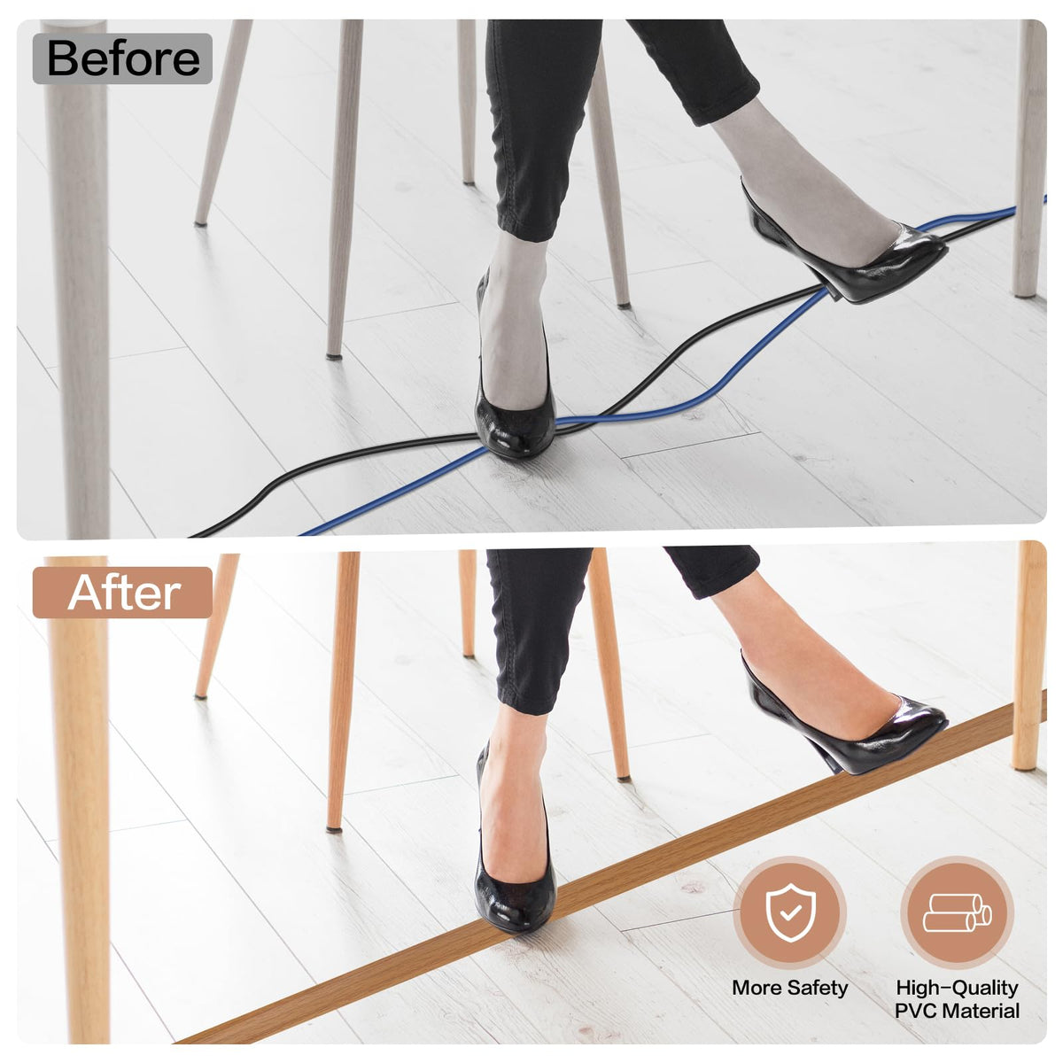 Floor Cord Cover Self Adhesive Cord Hider Floor Extension Cord Covers for Floor Power Cord Protector Cable Management Prevent Cable Trips Cable Cavity 0.51" W x 0.31" H (Light Brown Wood, 20Ft)