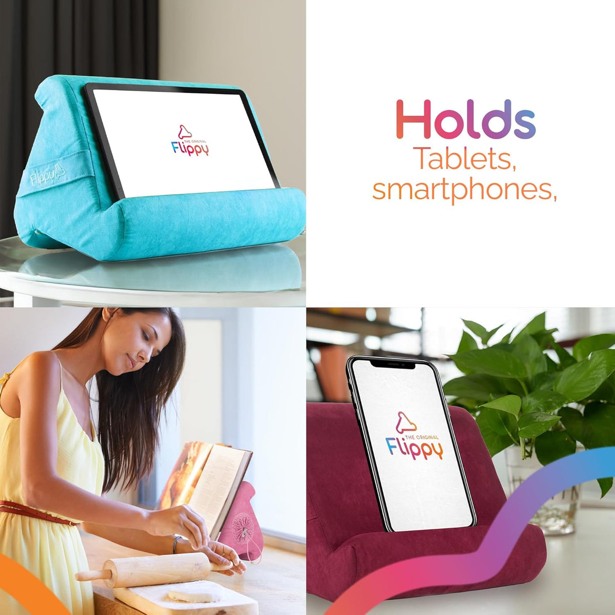 Flippy Tablet Pillow Stand - Cushion Tablet Stand & Holder, Bed Support for Lap and Desk, Compatible with Phone & Book Reading: Kindle, iPad Pro, iPhone & Samsung - in The Pink Baby