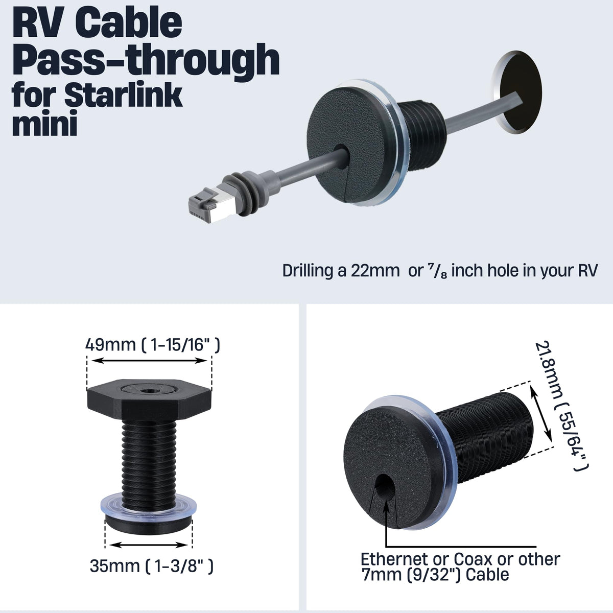 Dikiwodark 2Pcs RV Cable Passthrough for Starlink mini, RV Cable Grommet Compatible with Starlink, Ethernet, Coax, Water-Resistant and Anti-Drop RV Cable Routing (Black, 75mm/2pcs)