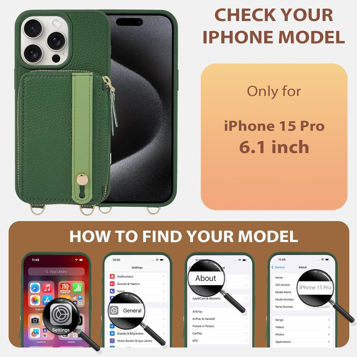 LAMEEKU for iPhone 15 Pro Wallet Case, Zipper Leather Card Slots Crossbody Cover Wrist Strap Lanyard with Phone Grip Holder Stand for iPhone 15 Pro 6.1 inch Dark Green
