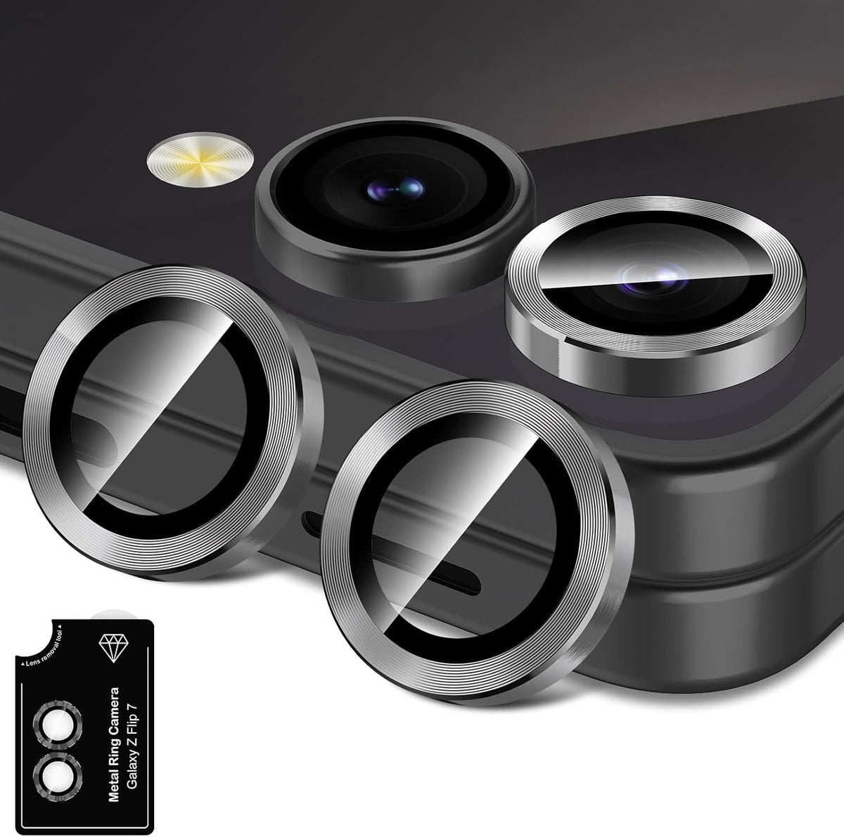 for Samsung Galaxy Z Flip 7 Camera Lens Protector, Individual Metal Ring Tempered Glass Lens Cover, [Strong Adsorption] Scratch Resistant Ultra-Thin HD Clear Lens Cover, 1 Set-Black