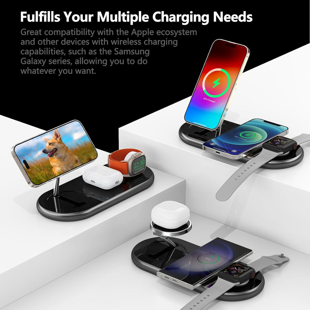 2025 Upgraded 3 in 1 Charging Station for Apple Devices, Fast Magnetic Mag-Safe Wireless Charger Stand for iPhone 16/15/14/13/12 Series & Apple Watch 1-10/Ultra & AirPods Pro (Black)