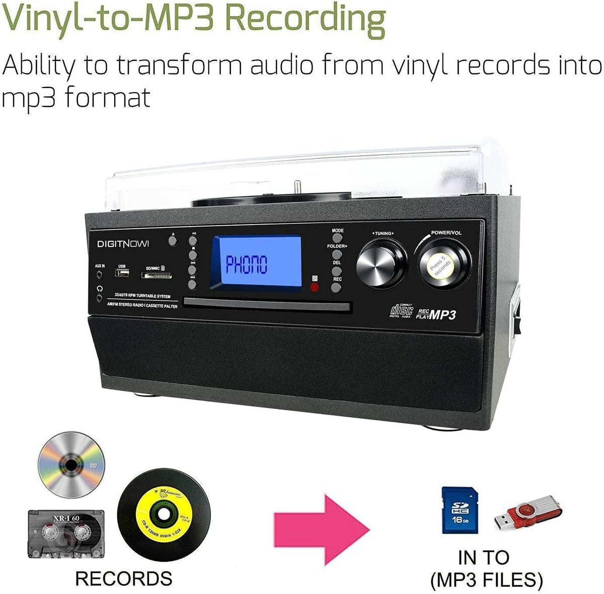 DIGITNOW Bluetooth Record Player Turntable with Stereo Speaker, LP Vinyl to MP3 Converter with CD, Cassette, Radio, Aux in and USB/SD Encoding, Remote Control, Audio Music Player Built in Amplifier
