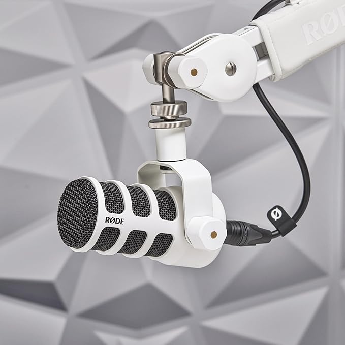 Rode PodMic Dynamic Broadcast Microphone (White) with PSA1+ Microphone Boom Arm WS14 Pop Filter and Premium XLR Cable (Orange)