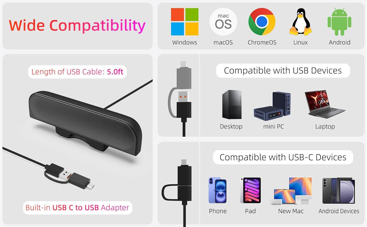 Computer Speakers for Desktop PC, Monitor Speakers, USB Plug-in, Wired, External Speaker for Laptop, Small Computer Soundbar for PC, with Loud Sound, Deep Bass, USB-C Adapter, Easily Clamp to Monitor