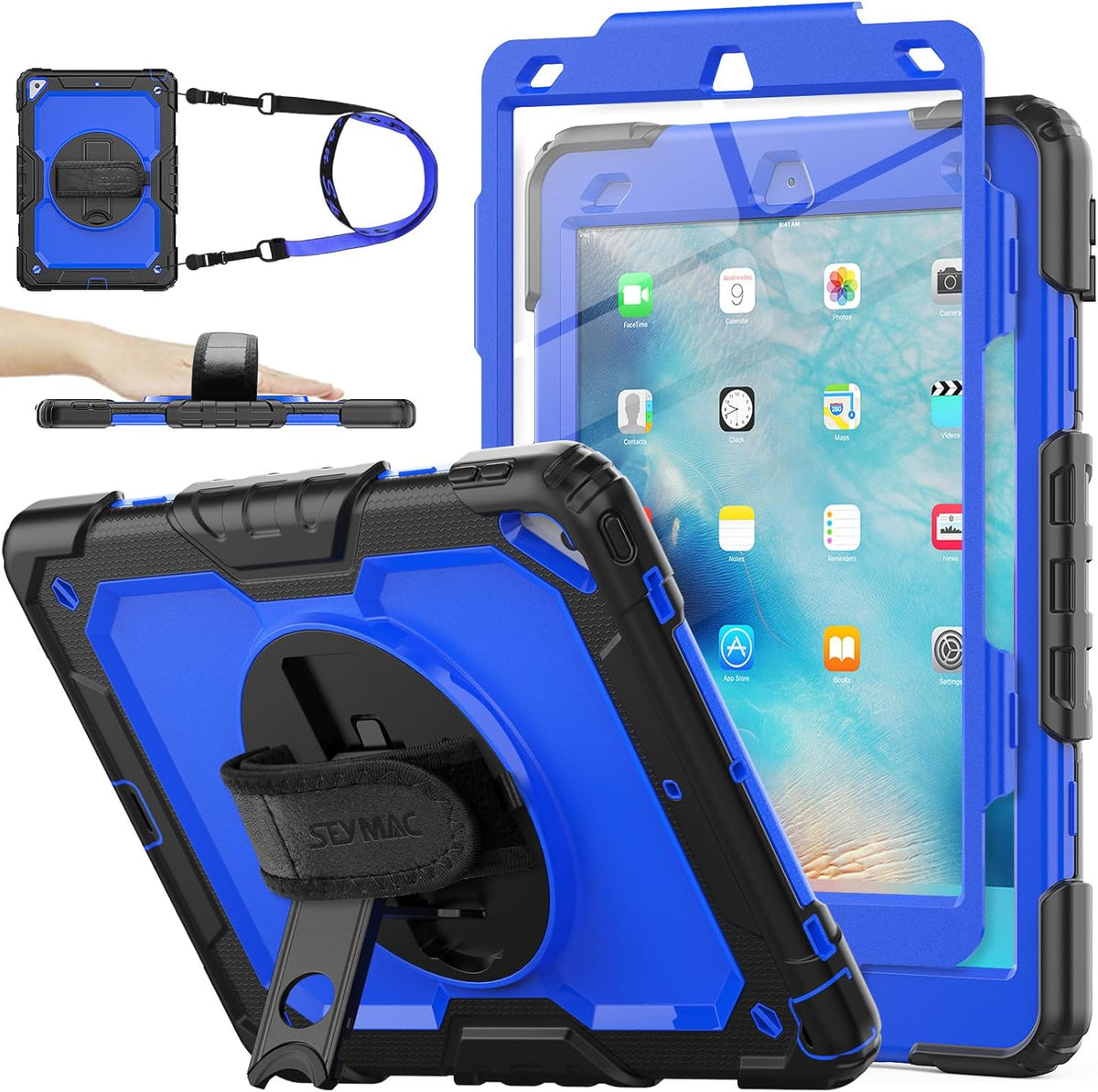 SEYMAC stock Case for iPad Air 3 2019 / Pro 10.5'' with Screen Protector Pen Holder [360° Rotate Hand Strap/Stand], Drop-Proof Case (Blue+Black)