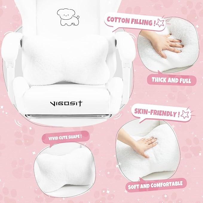 Gaming Chair Cute with Cat Ears Paw Lumbar and CushionErgonomic Computer Chair with FootrestReclining PC Game Chair for Girl Computer Chair 300lbs for Adult (White)