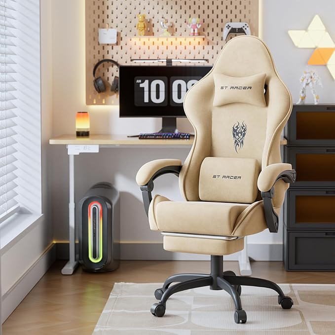Ferghana Velvet Fabric Gaming Chair High Back Ergonomic Gamer Chair for Adult Comfortable Video Game Chair with Footrest and Massage Lumbar Cushion Racing Reclining Office Computer Desk Chair Beige
