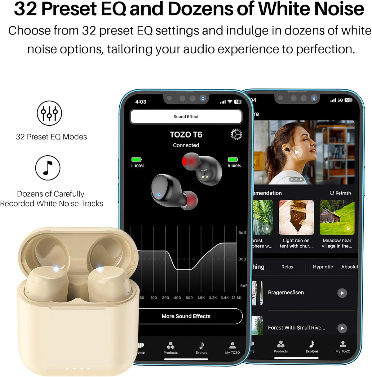 TOZO T6 Wireless Earbuds, Bluetooth 5.3 Ear Buds, Stereo Sound in Ear Headphones, 50 Hours Playtime, Wireless Charging Case, APP Customizable EQs, IPX8 Waterproof Earphones