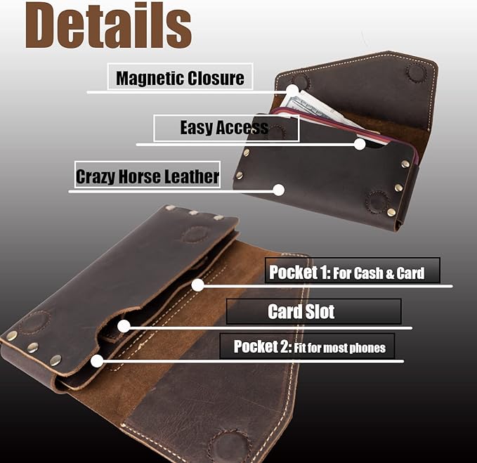 Topstache Belt Clip Leather Phone Holster with Card Holder for iPhone 17/16 Pro Max - Leather Belt Holder for Galaxy S25/S24 Ultra - Cell Phone Case Fit with Protective Case, XL,Darkbrown