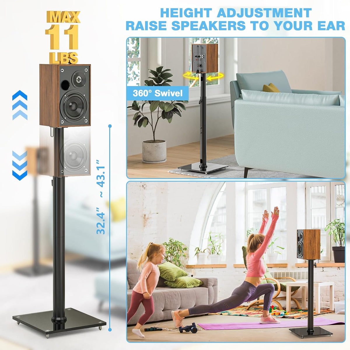 Rfiver Bookshelf Speaker Stands Pair, Height Adjustable Rear Speaker Stands from 32" to 43" with 360° Swivel, 11 lbs Capacity, Set of 2 for Satellite & Small Bookshelf Speakers