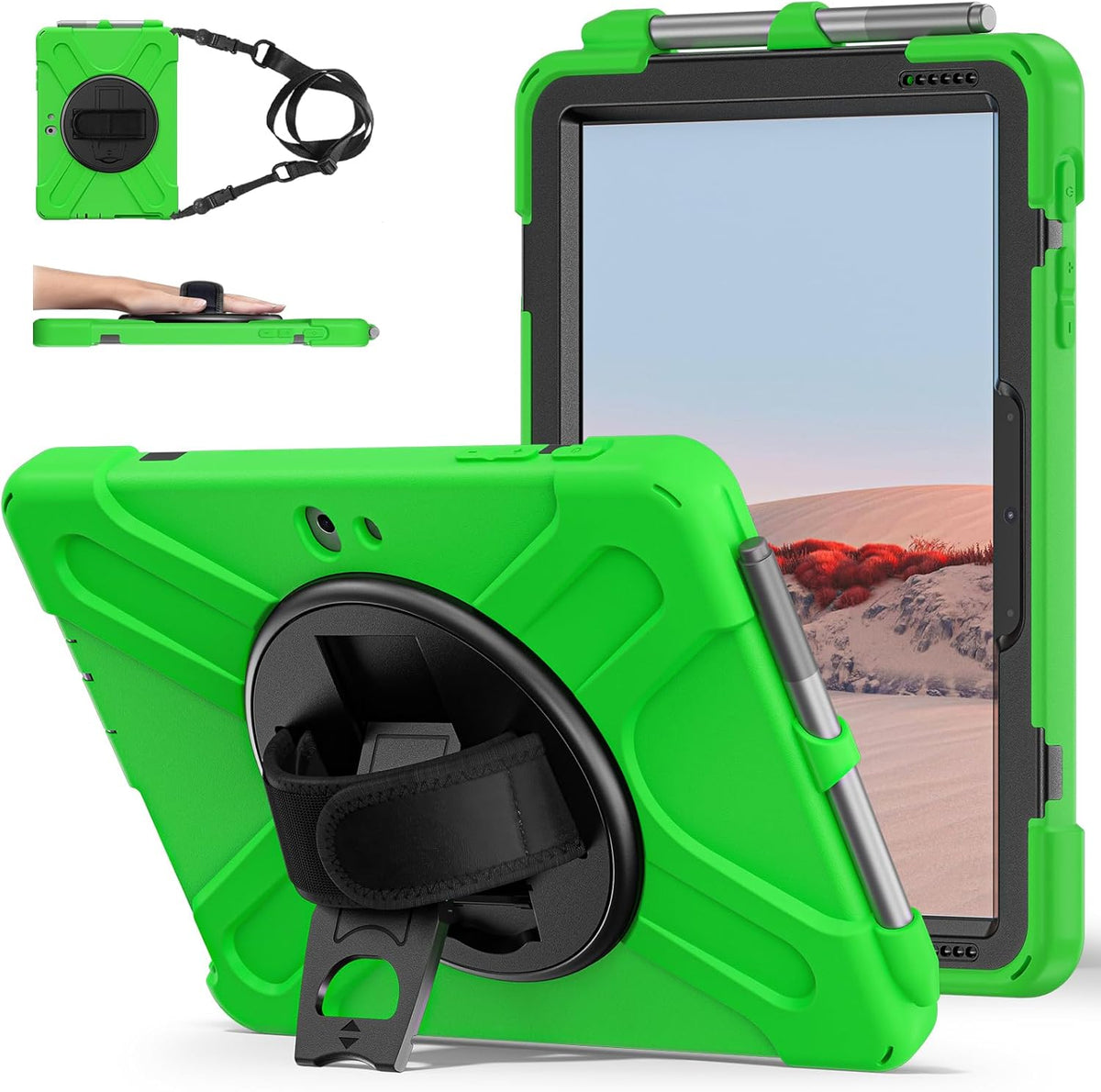 ZenRich Rugged Case for Surface Go 4 (2023)/Surface Go 3 (2021)/ Surface Go 2 (2020), Surface Go (2018) with Pen Holder Heavy Duty Shockproof Case with Stand Hand Strap and Shoulder Belt-Green