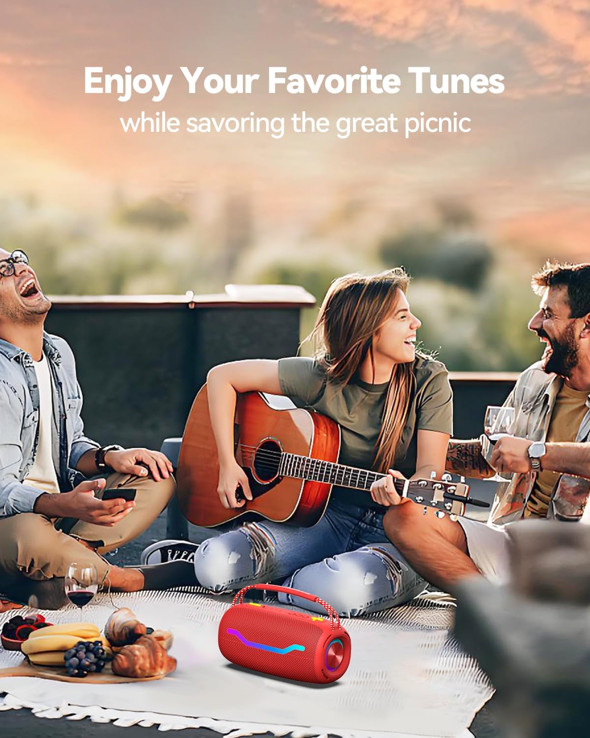 Portable Bluetooth Speaker with Light, Loud Sound and Deep Bass, IPX6 Waterproof, Up to 18H Playtime, TWS Pairing, Support Bluetooth/AUX/USB/TF Card for Home, Party, Outdoor and Travel (Red)