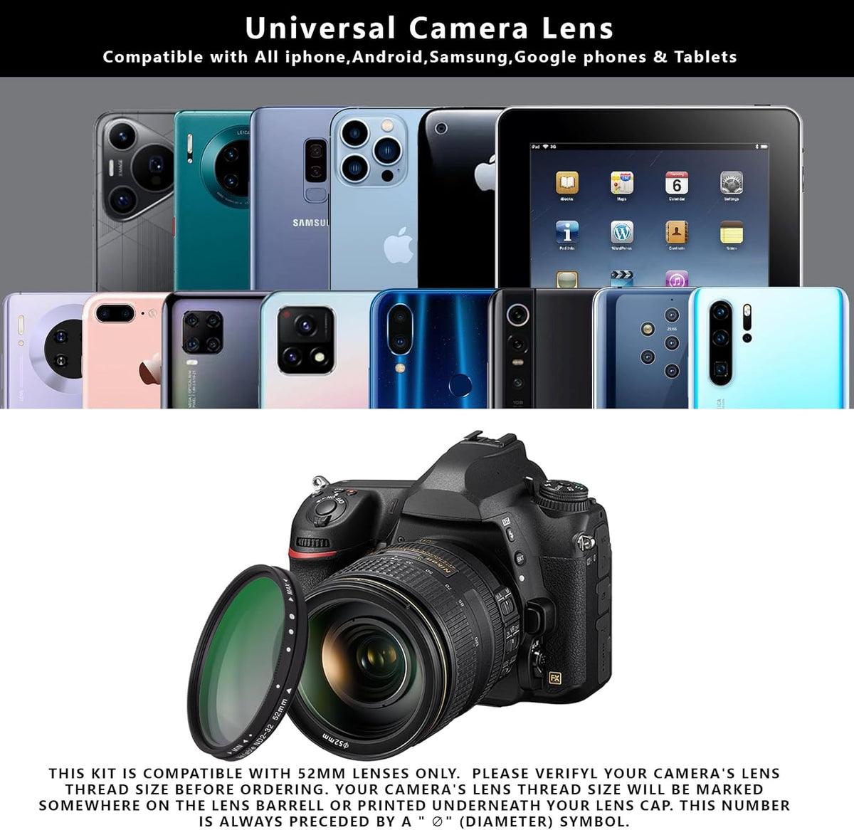 52MM Clip-on Variable ND2-32(1-5 Stops) Phone Lens Filter Kit, Ultra Slim Multi-Coated Adjustable Neutral Density Filter, Compatible for iPhone 16 15 14 13, Google Pixel and Other Smart Phones