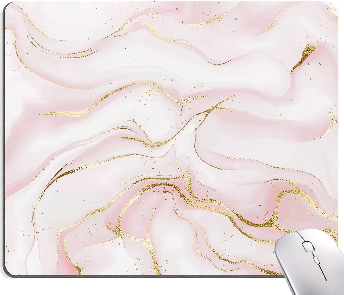 Mouse Pad, Pink Marble with Gold Glitter Wave Mouse Pad Rectangle Custom Designs, Waterproof Anti-Slip Rubber Mousepad Office Accessories Desk Decor Wireless Mouse Pads for Computers Laptop