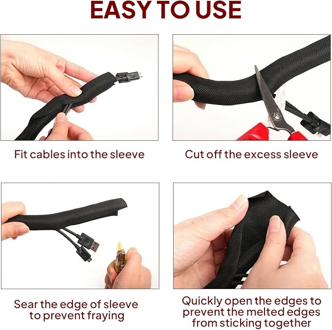 BuyUneed Black Split Braided Cable Management Sleeves 1/2inch -30Feet