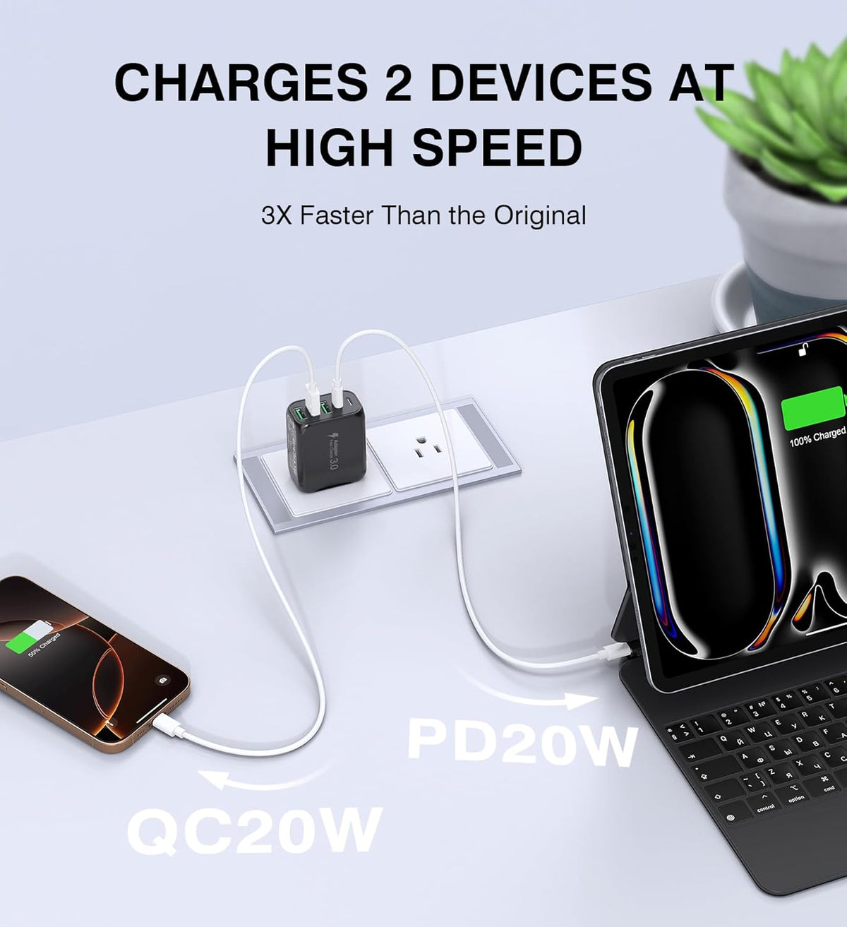 [2-Pack]50W USB C Wall Charger Block, 5-Port C Charger Fast Charging Block PD Power Adapter +QC 3.0 Multiport Type C Box Brick Cube USB A Wall Plug for iPhone 16/15/14/13 Pro Max,Samsung Galaxy(Black)