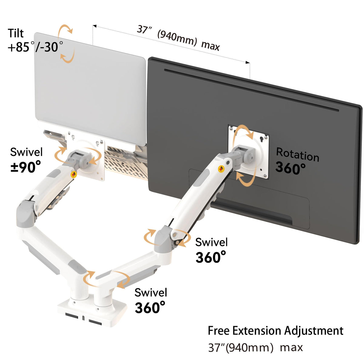 NB North Bayou Laptop Mount with Adjustable Tray for 10-17”Notebook, Full Motion Arm with VESA Plate for 17-30”Monitor,Clamp-on Grommet Mounting F160-FP (White)
