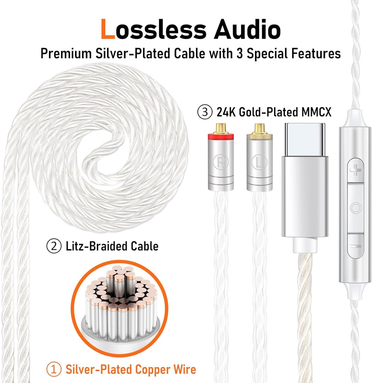 Vibes 202MC USB-C Wired Earbuds - HiFi in Ear Monitor Headphones - Noise Isolating Ear Buds w/ Mic - Clear Sound, Deep Bass & Comfort-Fit Earphones - MMCX to USBC, Silver Plated Cord, Carrying Case
