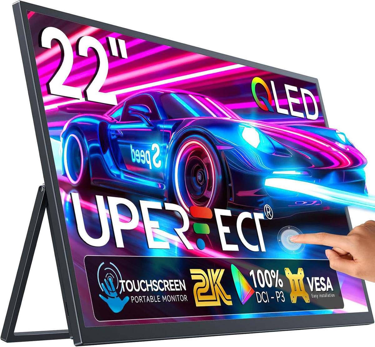UPERFECT 22" 2K QLED Portable Touchscreen Monitor w/VESA & 180° Adjustable Stand, 2560×1440 QHD FreeSync HDR, 100% DCI-P3 Color, USB-C HDMI Travel Second Monitor for Laptop, Switch, Phone