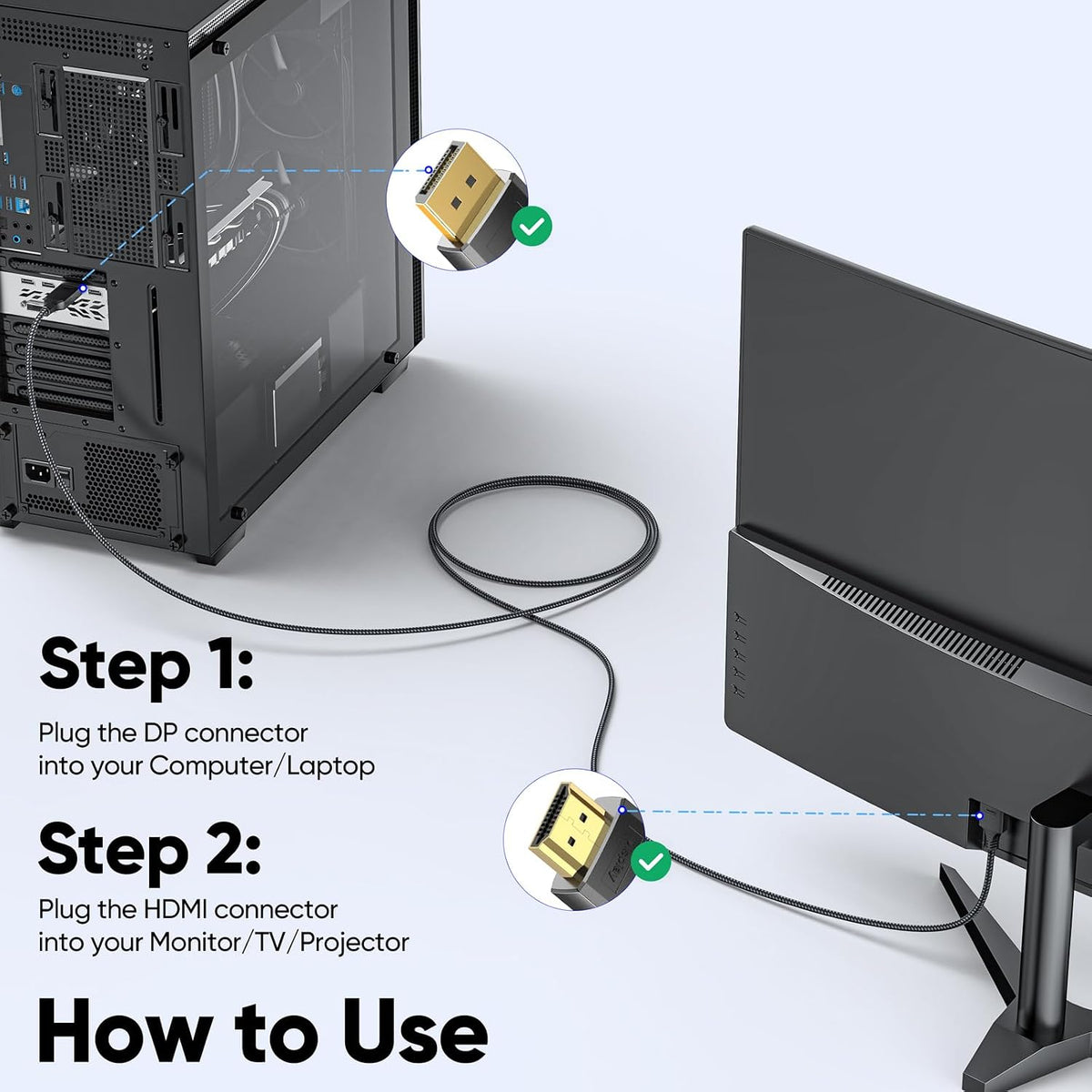 6ft 2 Pack, [4K@30Hz 1080P@120Hz] Display Port to HDMI Cable DisplayPort to HDMI Cord, DP (Source) to HDMI (Display)