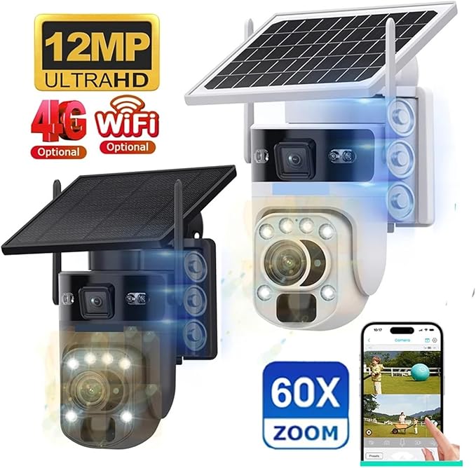 4K 60X Optical Zoom 4G Solar Camera Dual Screen Outdoor WiFi PTZ PIR Detection Human Auto Tracking CCTV Cameras(White 60X WiFi 32GB)