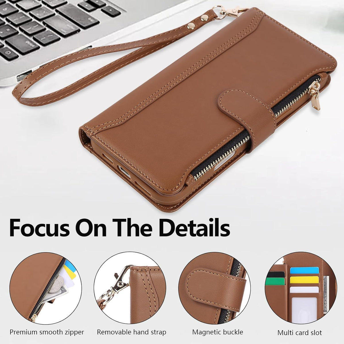 Compatible with iPhone 13/14 Wallet Phone Case-PU Leather Magnetic Flip Cover with Credit Card Slots,Zipper Pocket & Detachable Wrist Strap,Shockproof Design,for Women and Men-Brown