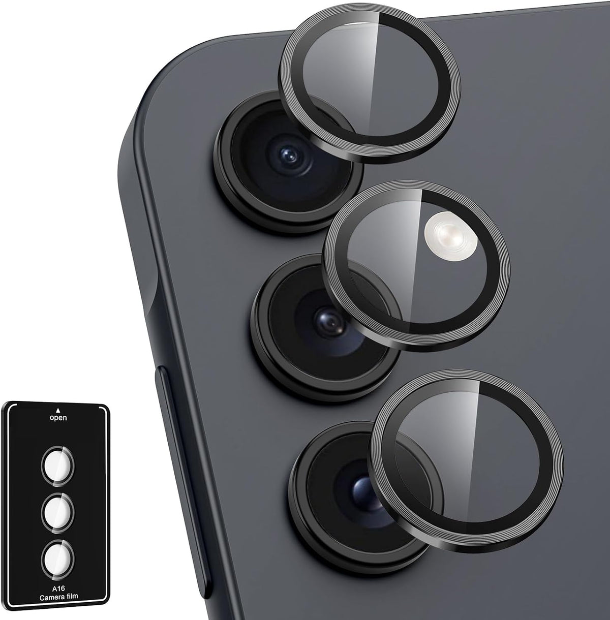 for Samsung Galaxy A16 Camera Lens Protector, Individual Metal Ring Tempered Glass Lens Cover, [Strong Adsorption] Scratch Resistant Ultra-Thin HD Clear Lens Cover, 1 Set-Black