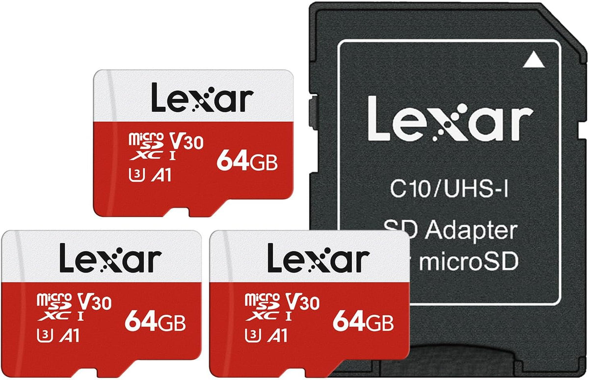 Lexar E-Series 64GB Micro SD Card 3 Pack, microSDXC UHS-I Flash Memory Card with Adapter, 100MB/s, C10, U3, A1, V30, Full HD, 4K UHD, High Speed TF Card