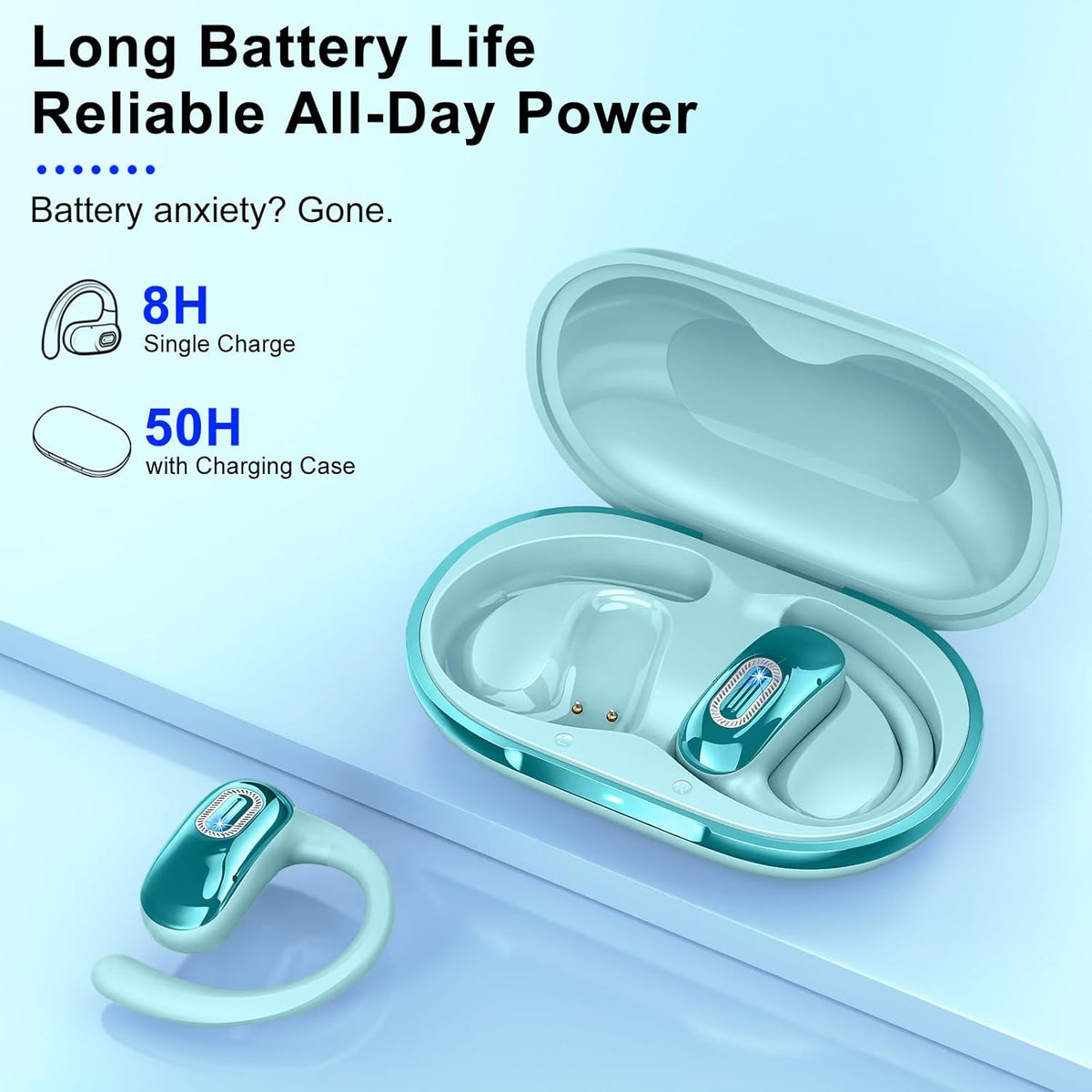 Open Ear Headphones, Bluetooth 5.4 Earbuds, 50H, Air Conduction Ear buds, HD Stereo Bass Over Ear Earphones with Earhooks, Ultra-Comfort Secure Fit, IPX7 Waterproof Headset for Working Sports, Blue