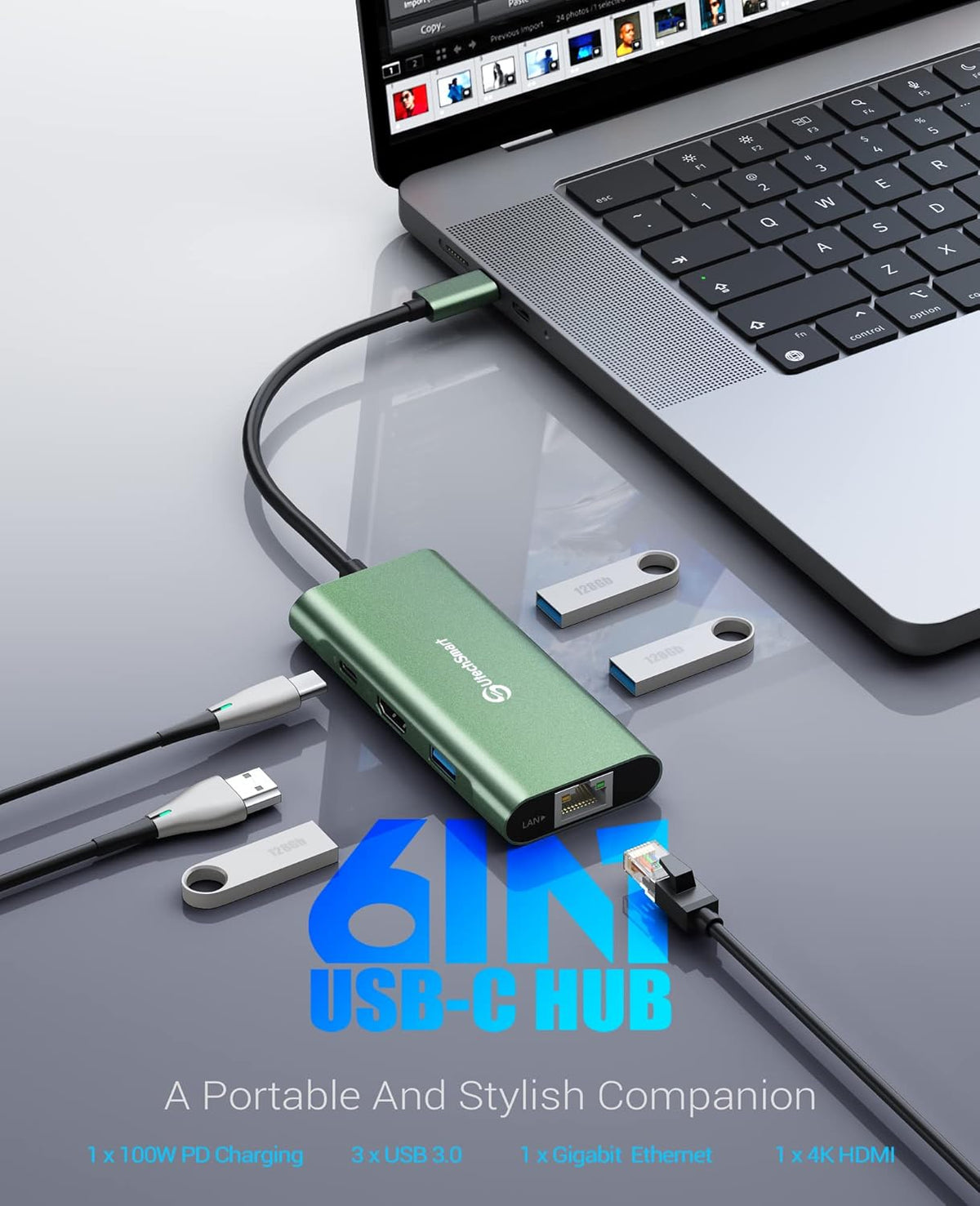 UtechSmart USB C Hub, Ethernet Multiport Adapter 6 in 1 USB C to HDMI Dock Compatible for MacBook Pro/Air, Chromebook, Dell XPS, HP and Type C Devices (Gigabit Ethernet 100W PD 4K HDMI USB 3.0) Green