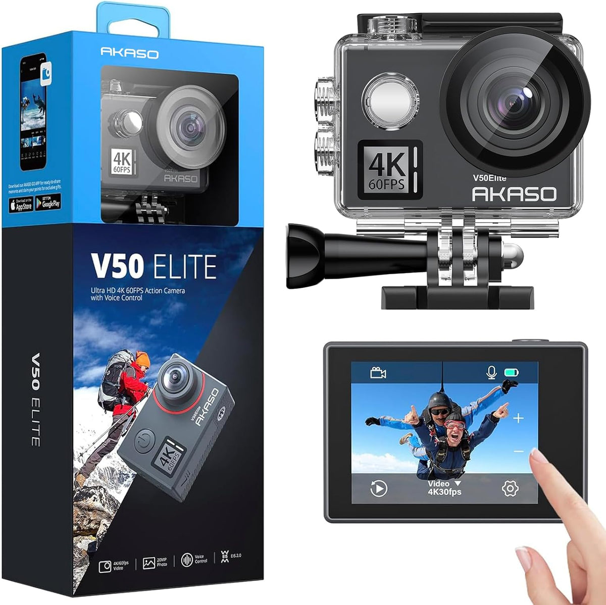 AKASO V50 Elite 4K60fps Touch Screen WiFi Action Camera Voice Control EIS 131 feet Waterproof Camera 8X Zoom Remote Control