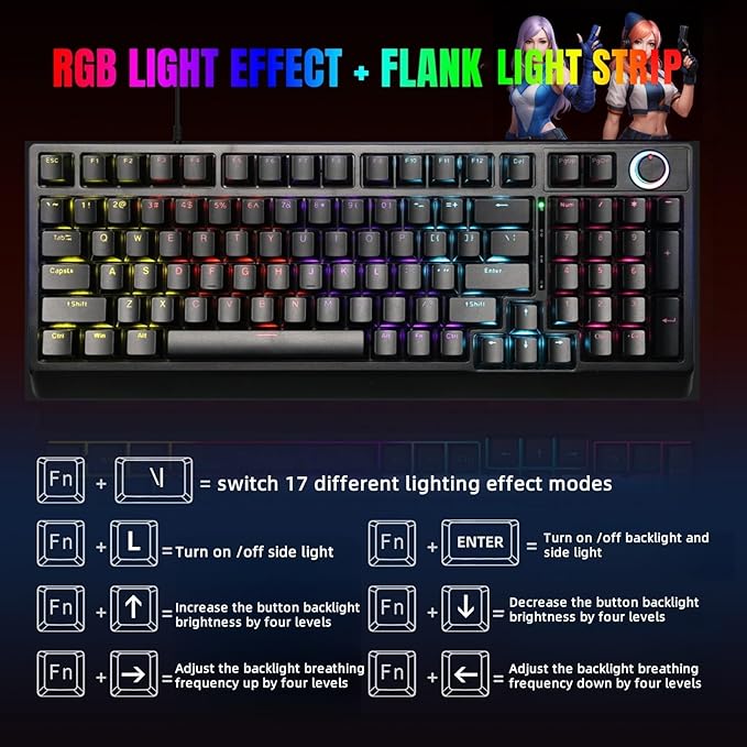 Mechanical Gaming Keyboard with Red Switches: 98 Keys PC Gaming Keyboard with BacklitMulti-Function Volume &amp Lighting KnobAnti-Ghosting Wired USB keybaord for Elite PC/Mac Gamers