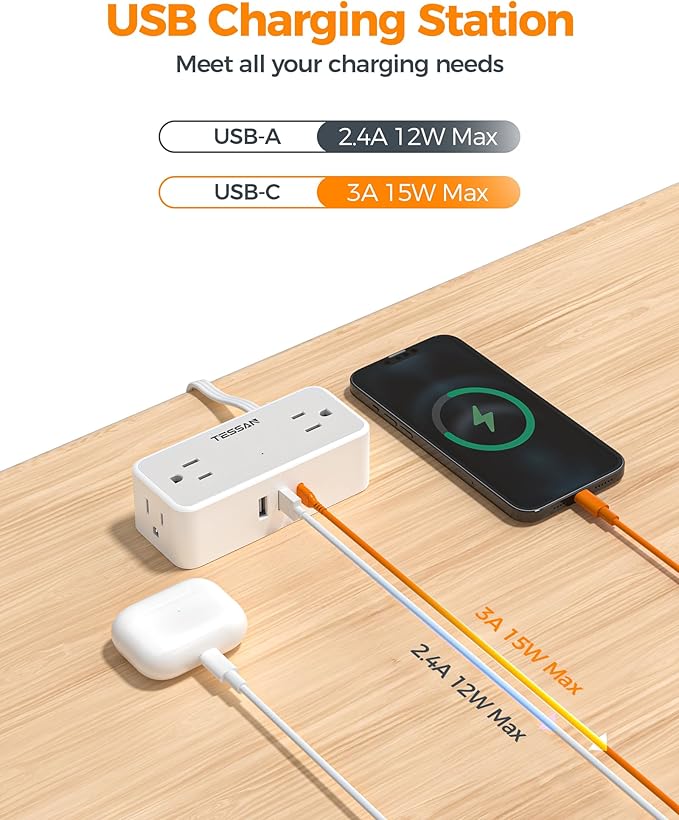 TESSAN Extension Cord 15 FT, Power Strip with 900J Surge Protection, Grey