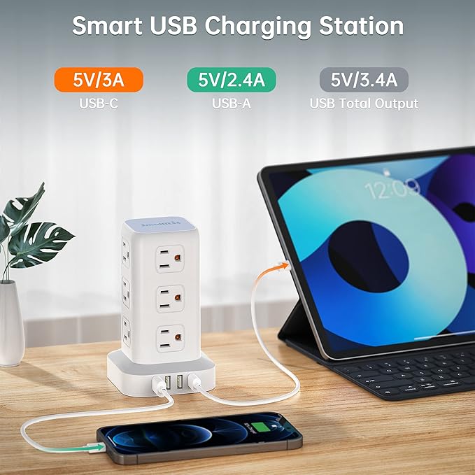 Power Strip with 12 Outlets 4 USB (1 USB C), 6.5Feet Extension Cord with Multiple Outlets, Charging Station, Power Strip Tower, Home Office Desk Supplies