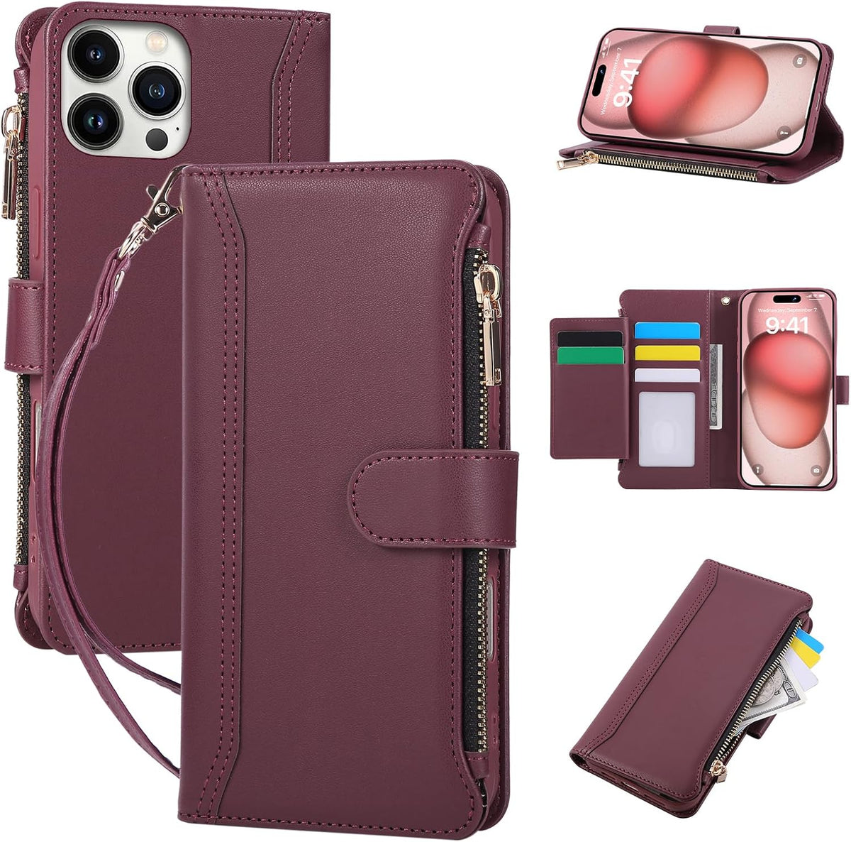 Compatible with iPhone 14 Pro Wallet Phone Case-PU Leather Magnetic Flip Cover with Credit Card Slots,Zipper Pocket & Detachable Wrist Strap,Shockproof Design,for Women and Men-Claret