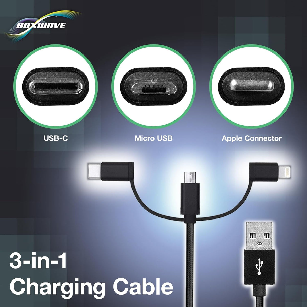 BoxWave S7 MP3 3-in-1 Cable Compatible with QNGEE Portable Player - AllCharge Cable - Jet Black