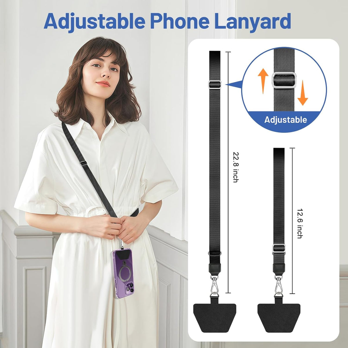 Doormoon Phone Lanyard, Universal Adjustable Neck Strap for Phone Case Keys ID Badges Cell Phone Lanyard Compatible with iPhone, Samsung, Most Smartphones, 2 Pack, Black Black