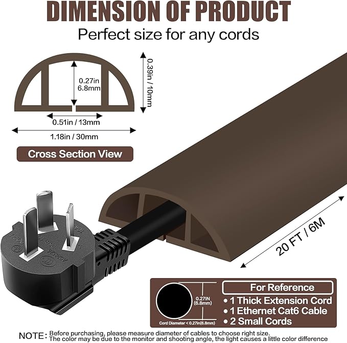 Floor Cord Cover Cable Cavity Self Adhesive Cord Hider Floor 10FT Floor Cable Management Power Cord Protector Floor Electric Cord Covers for Offices, Gym, Exhibitions (CoffeeBrown, 1.18" x 20')