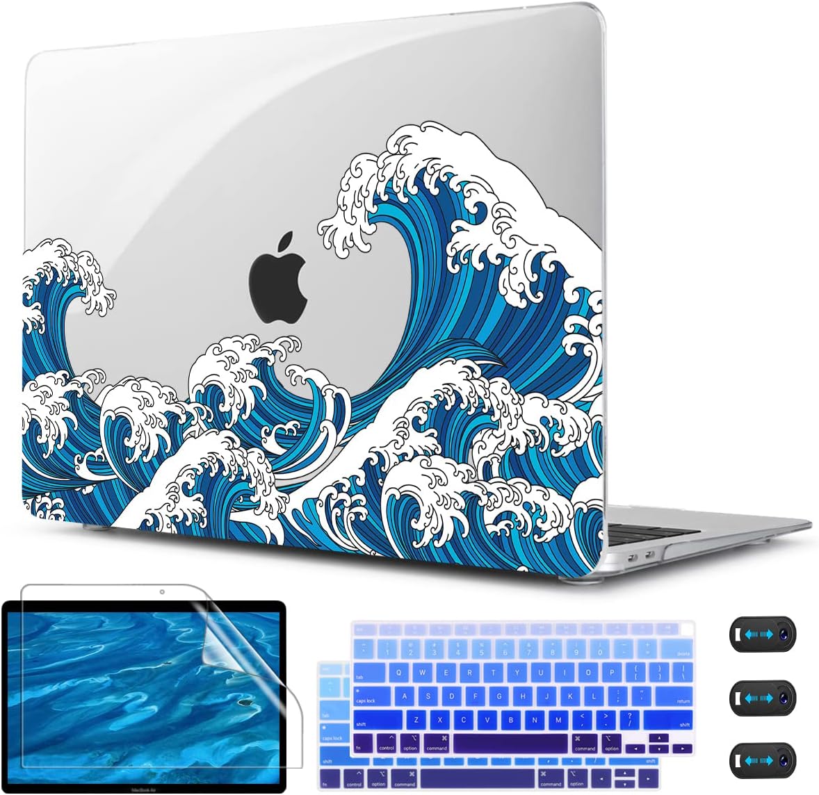 CISSOOK Wave Case for MacBook Air 13 inch Case 2021 2020 2019 2018 Release, Ocean Hard Shell Cover for MacBook Air 13'' with Touch ID A2337 M1 A2179 A1932 Model with Keyboard Cover + Screen Protector